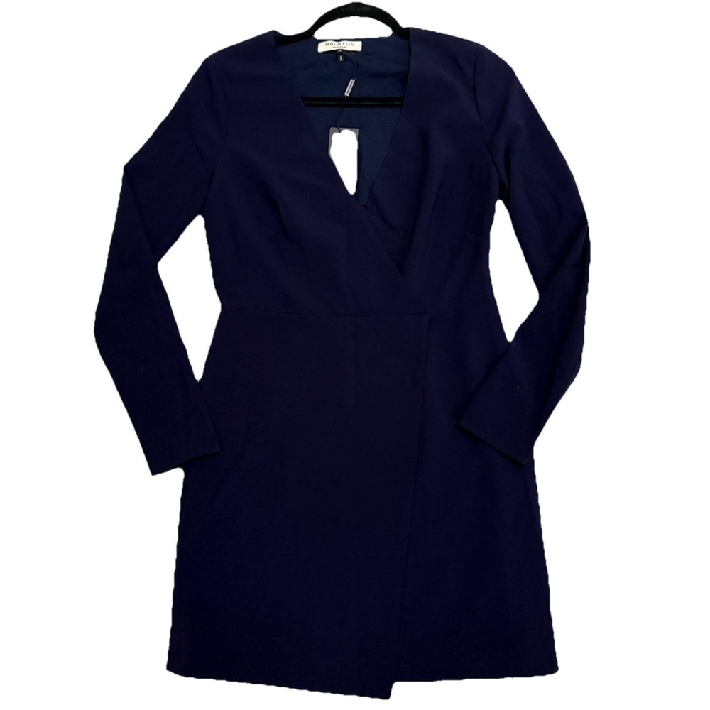 Halston Heritage Faux Wrap Dress Womens 2 Midnight Navy Long Sleeve V Neck Read